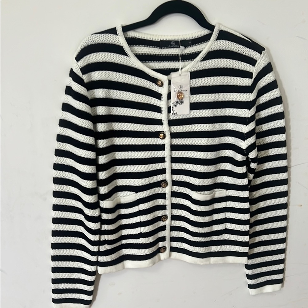 LILLUSORY CARDIGAN BUTTON DOWN STRIPED PICKETS SWEATER NWT SIZE S